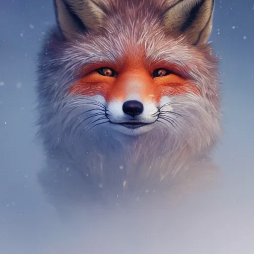 Image similar to close-up anthropomorphic fluffy fox, night, moonlight, mist, unreal engine, octane render, dramatic lighting, digital art, by Stanley Artgerm Lau, greg rutkowski, thomas kindkade, alphonse mucha, loish, norman Rockwell,