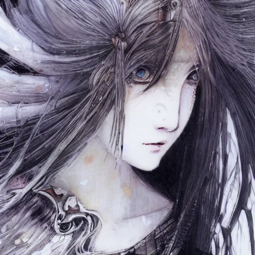 Image similar to yoshitaka amano blurred and dreamy realistic illustration of an anime girl with wavy white hair fluttering in the wind and cracks on her face wearing elden ring armour with the cape, abstract black and white patterns on the background, noisy film grain effect, highly detailed, renaissance oil painting, weird portrait angle