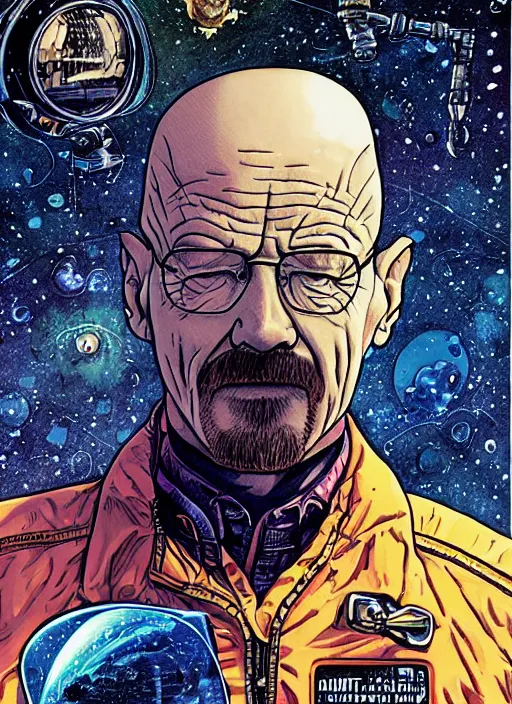 Prompt: Walter White as badass space cobowoy in retro science fiction cover by Moebius, vintage 1960 print, inked, detailed, trending on artstation, extremely detailed face