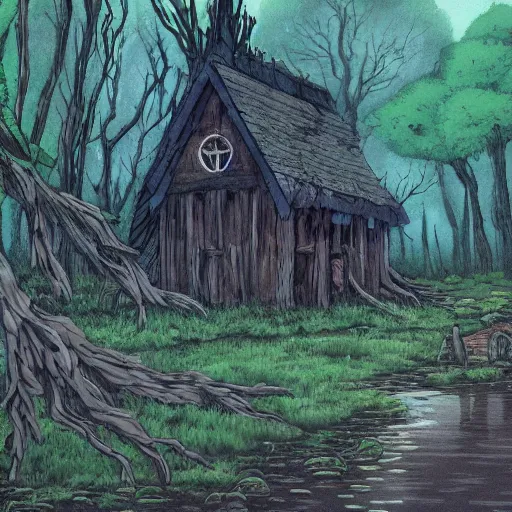 Image similar to deep into the witchwood forest swamp, studio ghibli, crows, decay, hut,