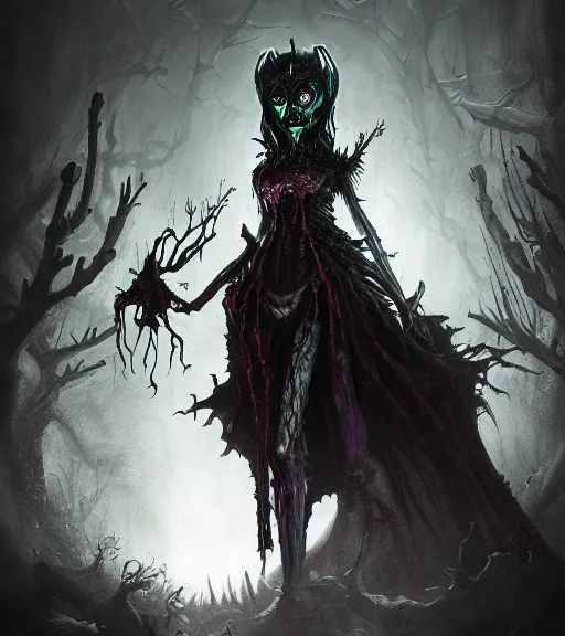 Image similar to gothic necrolord female with zombie servents, digital painting, liminal eerie midnight backlit, a picture taken by Michael Komarck and Daniel Ljunggren