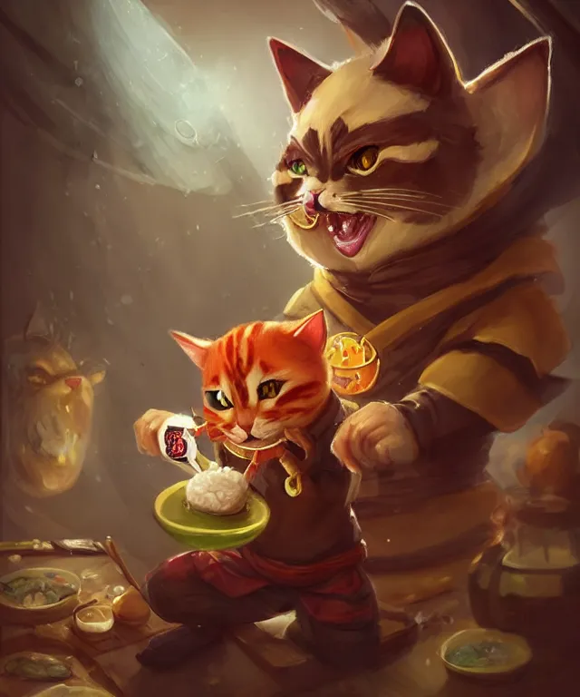 Image similar to a portrait of an anthropomorphic cat ninja eating sushi, ninja outfit, standing in a restaurant, cute and adorable, dnd character art portrait, well rendered matte fantasy painting, deviantart artstation, by jason felix by steve argyle by tyler jacobson by peter mohrbacher, cinematic lighting
