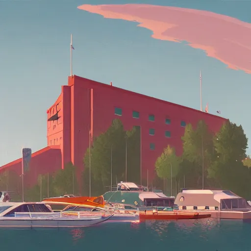 Image similar to yachting club by simon stalenhag