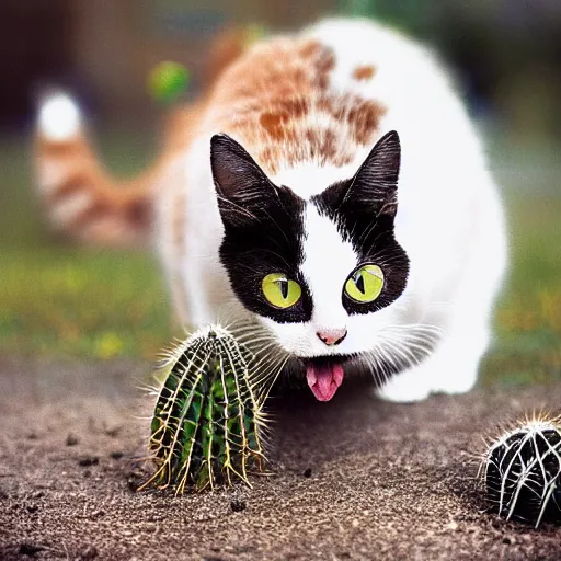 Image similar to A real photograph of a cat licking a cactus