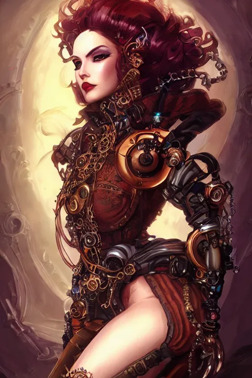 Image similar to front-side portrait sensual Lady Mechanika with ginger wavy hair, Intricate, steampunk imagery themed, D&D!, fantasy style, sharp focus!, ultra detailed, art by Artgerm and Peter Andrew Jones, WLUP