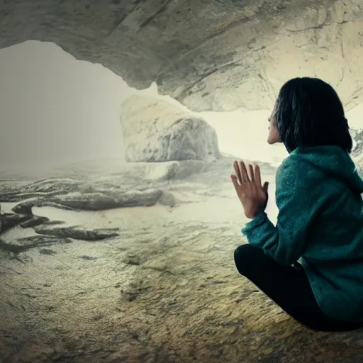 Image similar to Woman sitting under a ginormous rock overhead, partially cupping her hands, gesturing it outward!!!!! to the camera!!!!!, in a rainy environment, fisheye!!!!! lens!!!!!, rainy and wet atmosphere, closeup, dark and grim lighting, trending on artstation, 4k, 8k