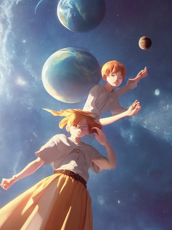 Image similar to a godly, wise, powerful giant girl wearing a skirt in space holding a small planet in her left hand. Soft lighting, cosmic skies, stunning, 8K, octane render. By Makoto Shinkai, Stanley Artgerm Lau, WLOP, Rossdraws, James Jean, Andrei Riabovitchev, Marc Simonetti, krenz cushart, Sakimichan, D&D trending on ArtStation, digital art.