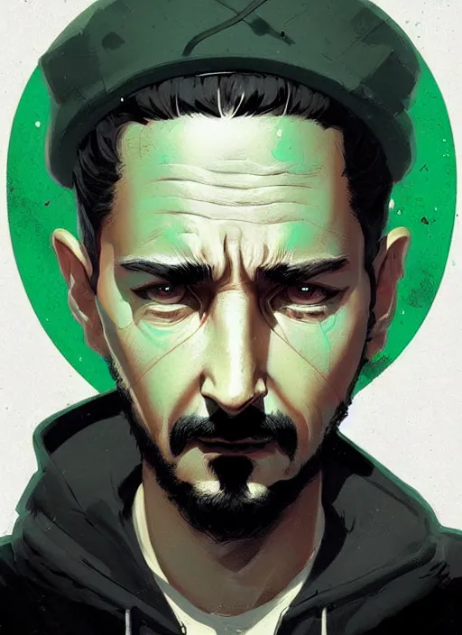 Image similar to highly detailed closeup portrait of creepy staring shia lebouf by atey ghailan, by greg rutkowski, by greg tocchini, by james gilleard, by joe fenton, by kaethe butcher, gradient green, black and white color scheme, grunge aesthetic!!! ( ( graffiti tag wall background ) )