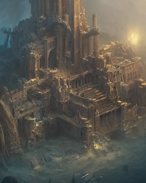 Image similar to Atlantis, palaces underwater, fantasy art, in the style of greg rutkowski, illustration, epic, fantasy, intricate, hyper detailed, artstation, concept art, smooth, sharp focus, ray tracing