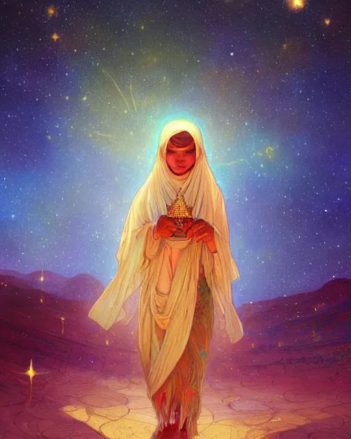 Image similar to bedouin child praying in galaxy walking towards mosque surrounded by nebula, highly detailed, gold filigree, romantic storybook fantasy, soft cinematic lighting, award, disney concept art watercolor illustration by mandy jurgens and alphonse mucha and alena aenami, pastel color palette, featured on artstation