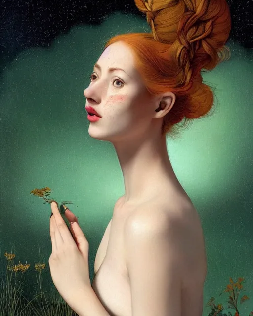 Prompt: a happy, modern looking young woman looking over shoulder, wonderful dress, among the lights of golden fireflies and nature, long loose red hair, intricate details, green eyes, small nose with freckles, triangle shape face, smiling, golden ratio, high contrast, hyper realistic digital art by artemisia lomi gentileschi and caravaggio and artgerm.