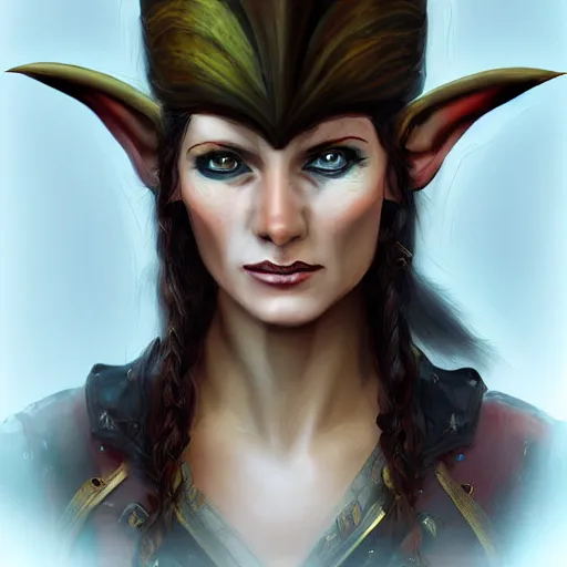 Image similar to portrait of a elven female pirate, fantasy setting, digital art, dramatic lighting, illuminated, cinematic