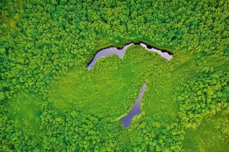 Image similar to a gigantic lake with a detailed heart shape in the middle of a green forest, aerial photography by yann arthus bertrand