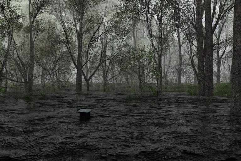 Image similar to forest flooded with black sludge, solitary tree on large hill kept safe. ultra realistic. digital art trending on artstation