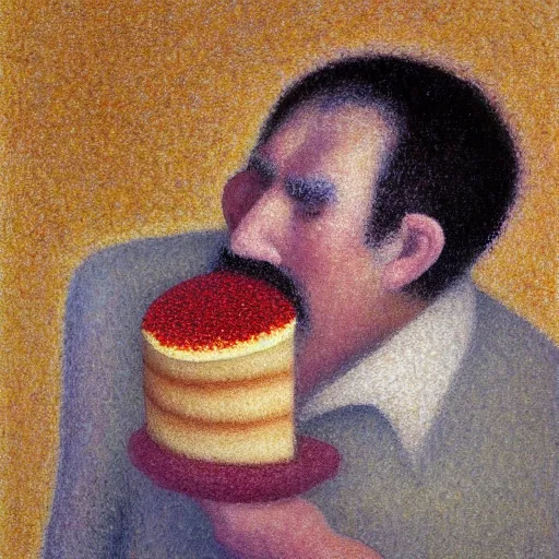 Image similar to a dying mexican man clinging to a cheesecake, oil painting, by georges seurat