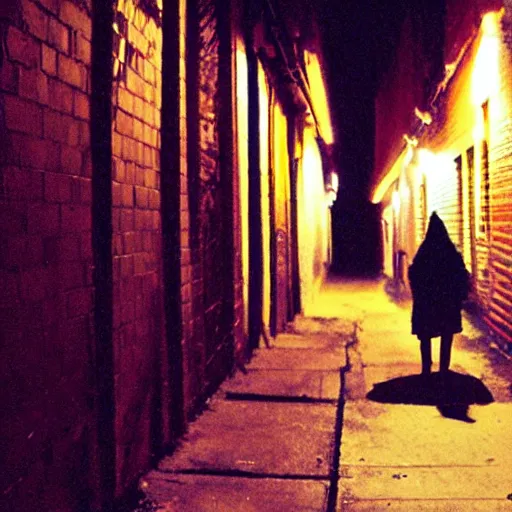 Prompt: a creepy iphone camera photograph of an alleyway in west philadelphia at night, with a college - aged woman in the distance. girl in the photo wearing a navy hoodie. directed by david lynch