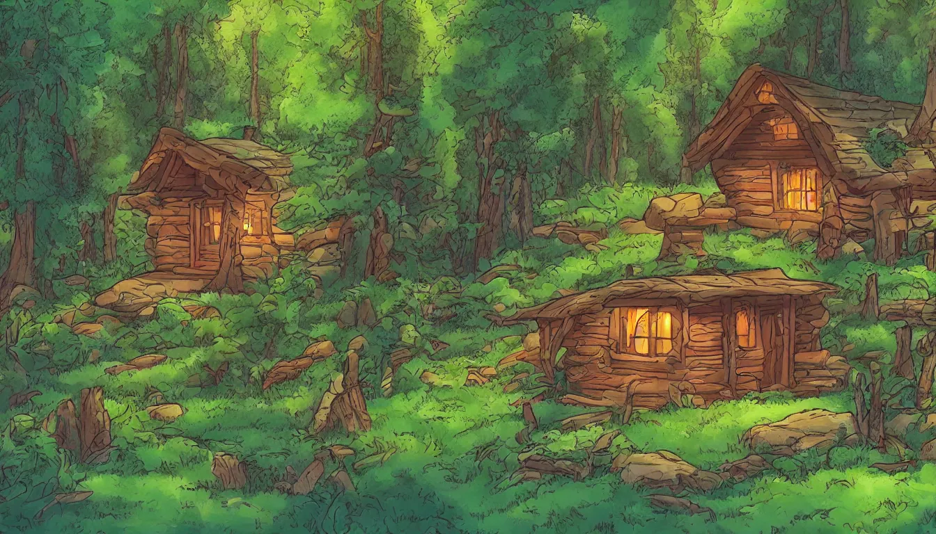 Image similar to a clearing in a forest with a cabin, Disney cartoon, animation, high detail, colorful