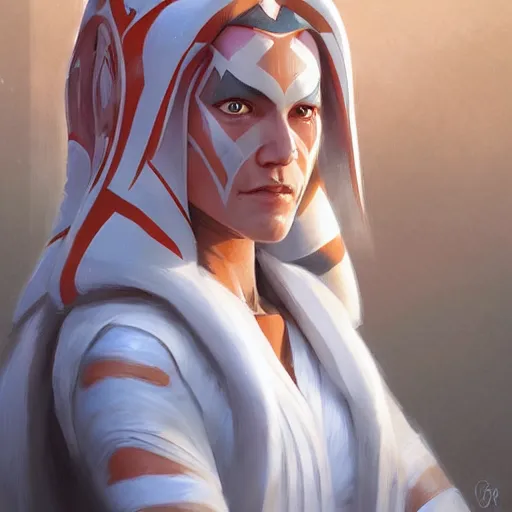 Image similar to portrait of a Ahsoka Tano by Greg Rutkowski, she is about 60 years old, wearing white robes, Star Wars Expanded Universe, highly detailed portrait, digital painting, artstation, concept art, smooth, sharp foccus ilustration, Artstation HQ