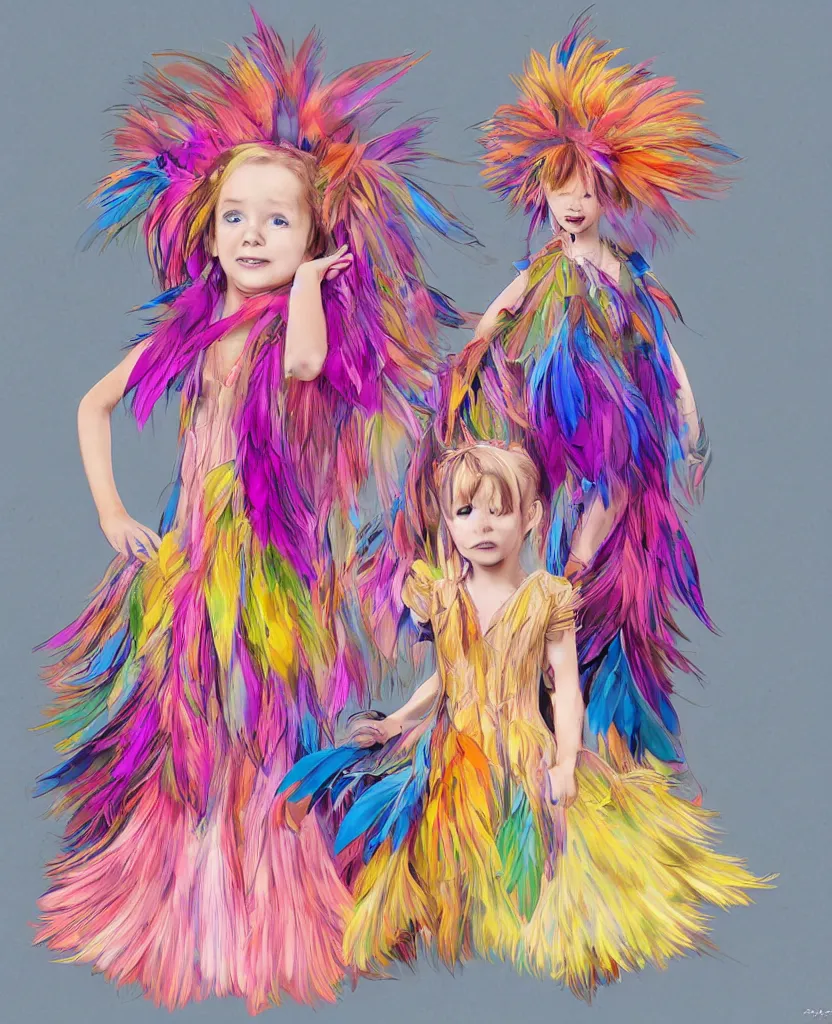 Prompt: little girl with eccentric hair wearing a dress made of colorful feathers, anatomically perfect, concept art, smooth