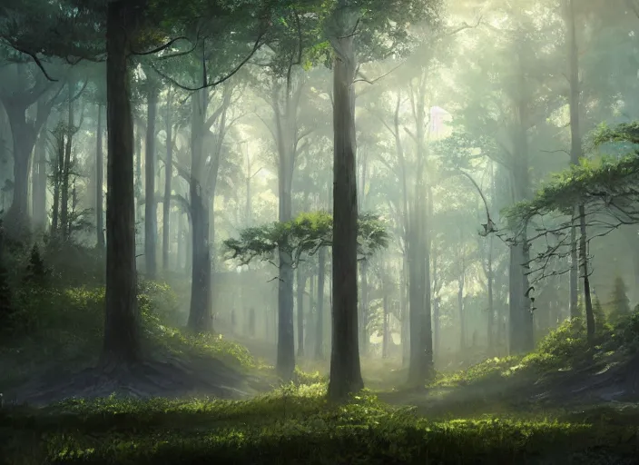 Prompt: A painting of a forest with lots of trees, a matte painting by Makoto Shinkai, Deviantart, fantasy art, matte painting, official art, Cryengine