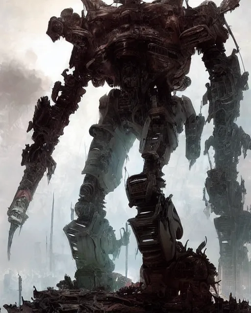 Prompt: a giant bipedal robot, of death with huge canon as arms, walking in the smoke of a destroyed city, imperator titan, concept art by emmanuel shiu and ruan jia and john berkey, trending on artstation
