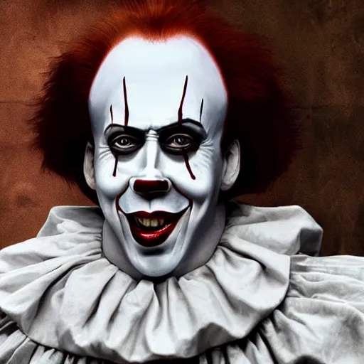 Prompt: nicholas cage as pennywise portrait, cinematic, realistic photography