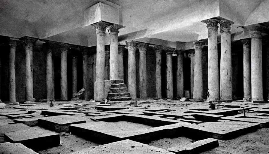 Prompt: 1 9 7 0 s andrei tarkovsky movie still of a pyramid building with columns, by piranesi, panoramic, ultra wide lens, cinematic light, anamorphic, marble hole