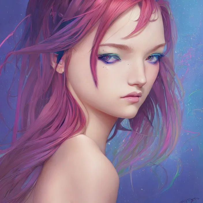 Image similar to portrait of beautiful symmetrical anime girl, rainbow hair, attractive, casual, modern, victoria's secret, highly detailed, digital painting, artstation, concept art, smooth, sharp focus, illustration, art by artgerm, greg rutkowski and alphonse mucha, 8 k,