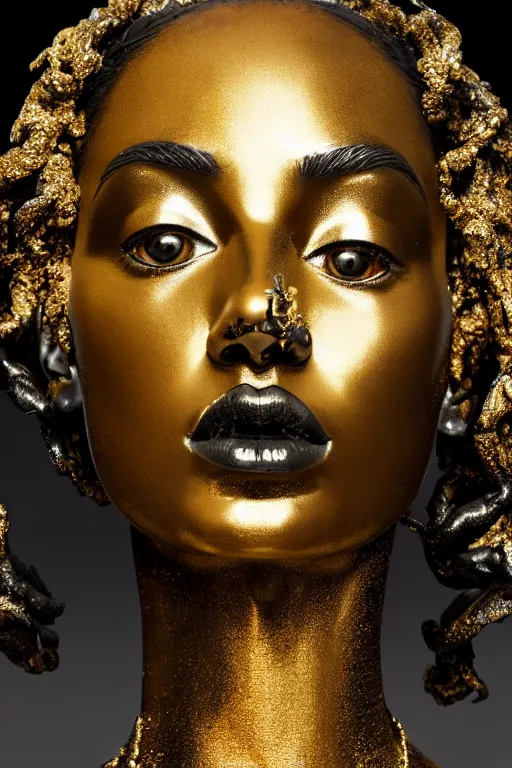 Image similar to hyperdetailed masterpiece portrait of a glossy black marble statue of a ballerina covered in gold metallic liquid in the style of virgil abloh, offwhite, heron prestorn, denoise, vogue, paris, fashion, louvre museum, highly detailed, realistic, hyperreal, 8 k, 4 k, render