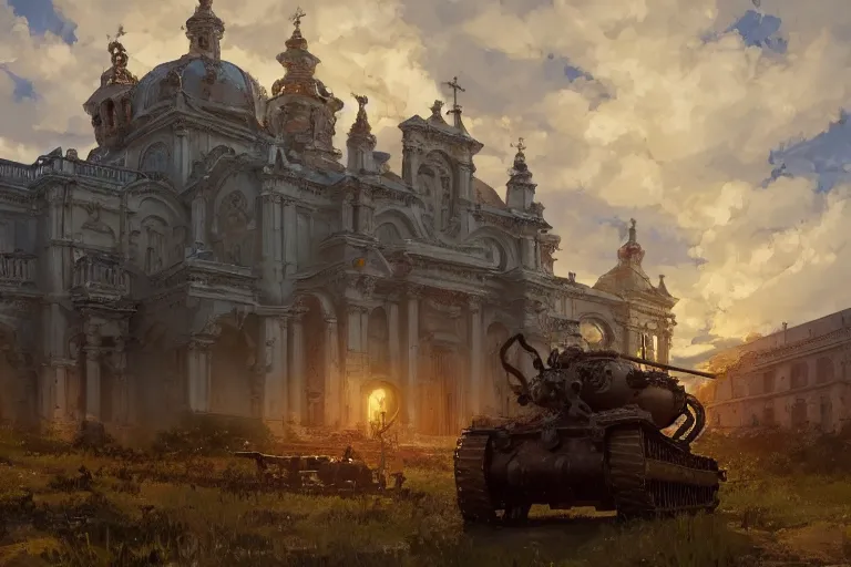 Prompt: an ornate baroque church with tank chains, scene in an open field. key visual, conceptart, ambient lighting, highly detailed, digital painting, artstation, concept art, sharp focus, by makoto shinkai and akihiko yoshida and greg manchess