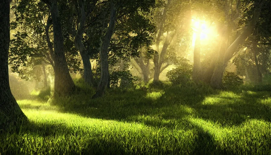 Prompt: depth of field focused perspective on a very beautiful green valley landscape with old trees, nice composition with subtle sun light phenomenons like lens flare and god rays. Trending on artstation, 4k digital art, cinematic