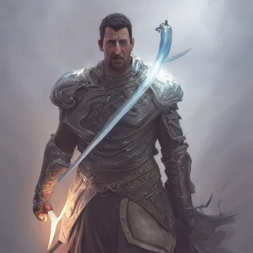 Image similar to portait of a adam sandler swinging his long sword, front game card, drark, marvel comics, dark, intricate, highly detailed, smooth, artstation, digital illustration by ruan jia and mandy jurgens and artgerm and wayne barlowe and greg rutkowski and zdislav beksinski