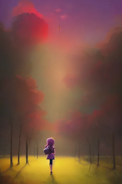 Image similar to a girl walking in park with book in her hand, surreal photography, sunrise, dramatic light, impressionist painting, colorful clouds, digital painting, artstation, simon stalenhag