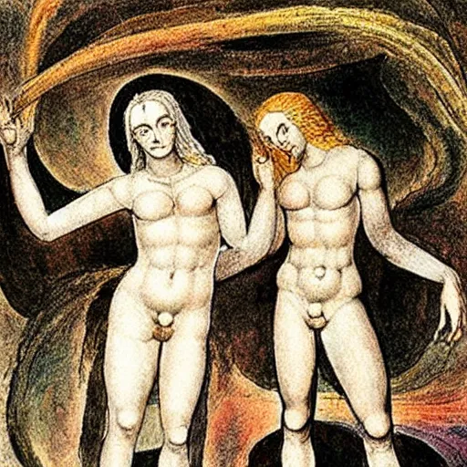 Image similar to adam and eve in the style of william blake