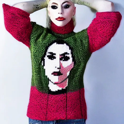 Image similar to a hand knit wool sweater with a lady gaga face pattern