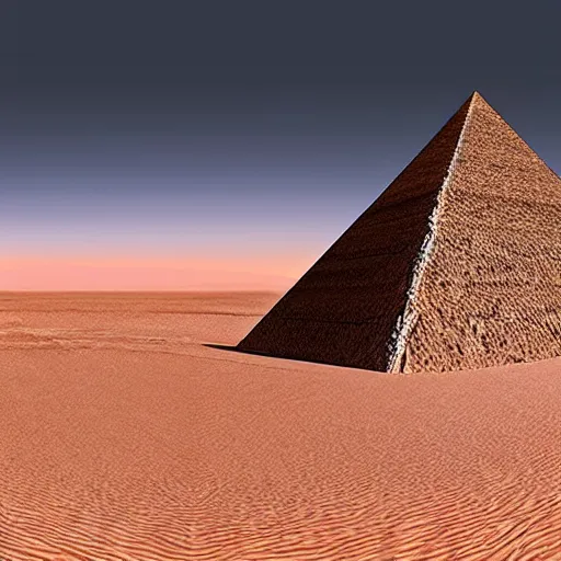 Image similar to front entrance of a pyramid with an inverted pyramid at the top in the desert partially covered by sand, highly detailed, videogame screenshot, panoramic view