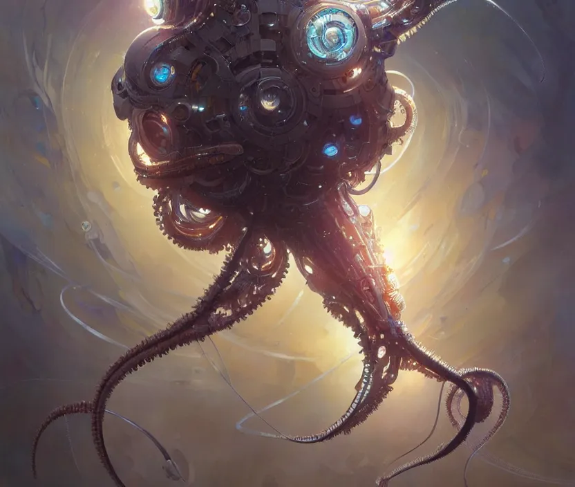 Prompt: Cyborg biomechanical jellyfish, sci-fi, highly detailed, digital painting, artstation, concept art, smooth, sharp focus, illustration, art by artgerm and greg rutkowski and alphonse mucha