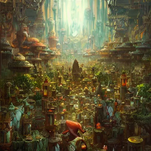 Image similar to a ground level view of a highly populated garden gnome city, Greg Rutkowski, Moebius, Mohrbacher