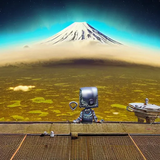 Image similar to On the morning of the robot queen's coronation, The Mekanik Doll, chubby moss kitten, Mount Fuji seen from the International Space Station, by Dylan Kowalski and deiv calviz, highly detailed, digital painting, HDRI, by vivid colors, high contrast, 8k resolution, intricate, beautiful and thematically complex, smooth