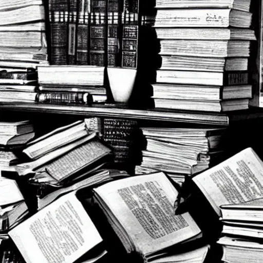 Prompt: a pile of books on a bedside table, citizen kane ( 1 9 4 1 )