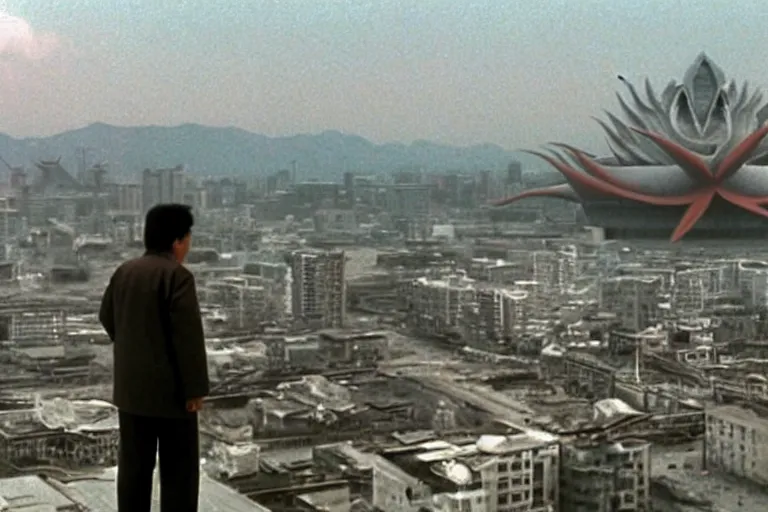 Image similar to a filmstill of Kim Jong-il looking at Starro Kaiju monster destroying Pyongyang, in Stalker (1979) by Andreï Tarkovski, traditional Korean city, palace, epic ultrawide shot, cinémascope