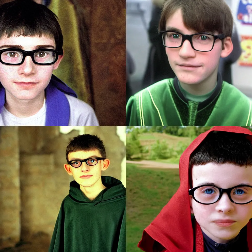 Prompt: A boy with a thin face, aged 13, with black hair and bright-green eyes, wearing sorcerer's robes. He wear round glasses held together with a lot of sellotape, and has a very thin scar on his forehead, in the shape of a bolt of lightning, early 2000s photograph