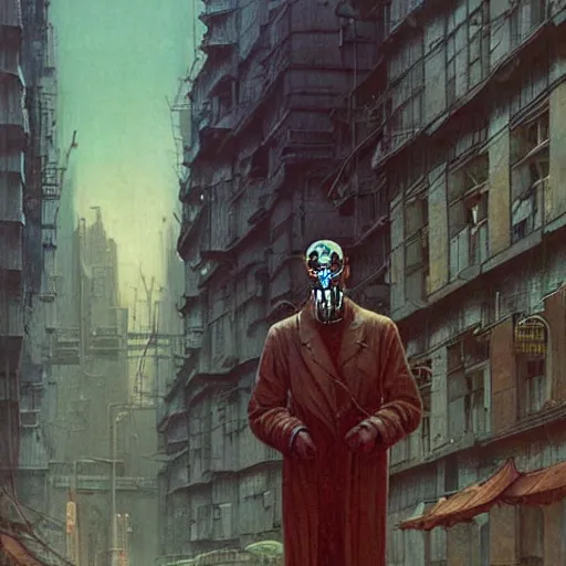 Image similar to portrait of masked cyberpunk scientist on the art deco streets of the Empire city, award-winning realistic sci-fi concept art by Beksinski, Bruegel, Greg Rutkowski, Alphonse Mucha, and Yoshitaka Amano