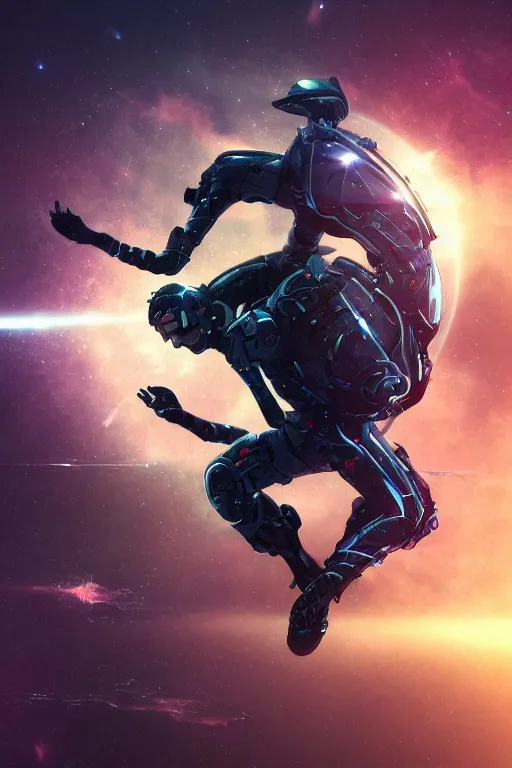 Image similar to ninja cyborg floating in space letting go of reality and experiencing the quantum feild, matte painting comic book art, cinematic, highly detailed, realistic, beautiful cosmic neural network, octane render, unreal engine, depth of field, trending on artstation, sharp focus, philosophical splashes of colors