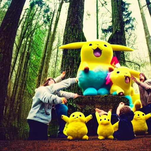 Prompt: photograph of a group of people worshipping a giant!!!, fluffy!!!, chubby!!!, pikachu in a forest, ultra realistic!!!, spring time, slight overcast weather, ( golden hour ), sharp focus