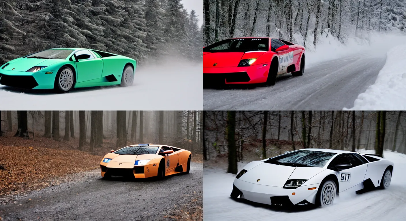 Prompt: a 2 0 0 7 lamborghini murcielago lp 6 4 0, racing through a rally stage in a snowy forest