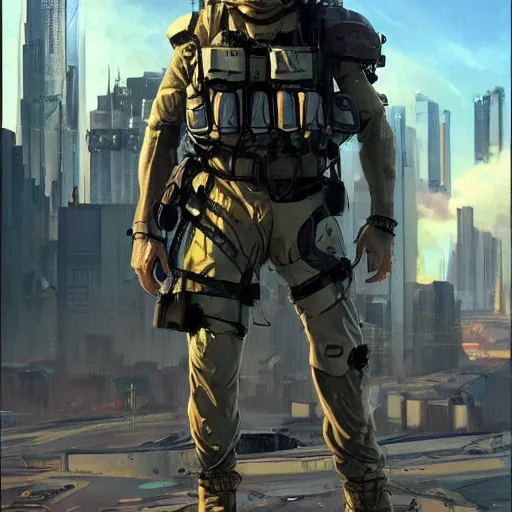 Image similar to Vernon. USN special forces futuristic recon operator, cyberpunk military hazmat suit, on patrol in the Australian autonomous zone, deserted city skyline. 2087. Concept art by James Gurney and Alphonso Mucha