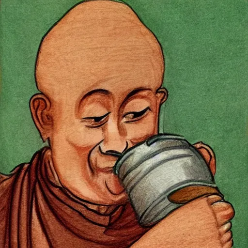 Image similar to pencil sketch of a monk drinking mead from a barrel