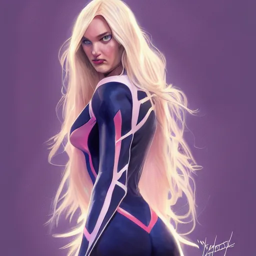 Prompt: Blonde Candice Swanepoel as Spider-Gwen, western, D&D, fantasy, intricate, elegant, highly detailed, digital painting, artstation, concept art, matte, sharp focus, illustration, art by Artgerm and Greg Rutkowski and Alphonse Mucha