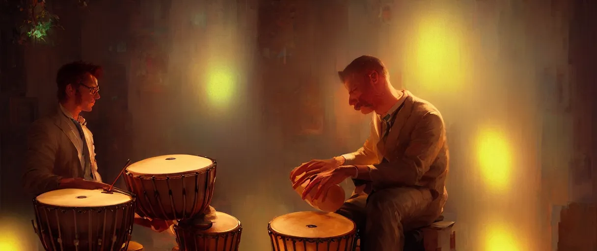 Prompt: portrait of richard feynmann playing bongos - volumetric lighting - art, by wlop, james jean, victo ngai! muted colors, very detailed, art fantasy by craig mullins, thomas kinkade cfg _ scale 8